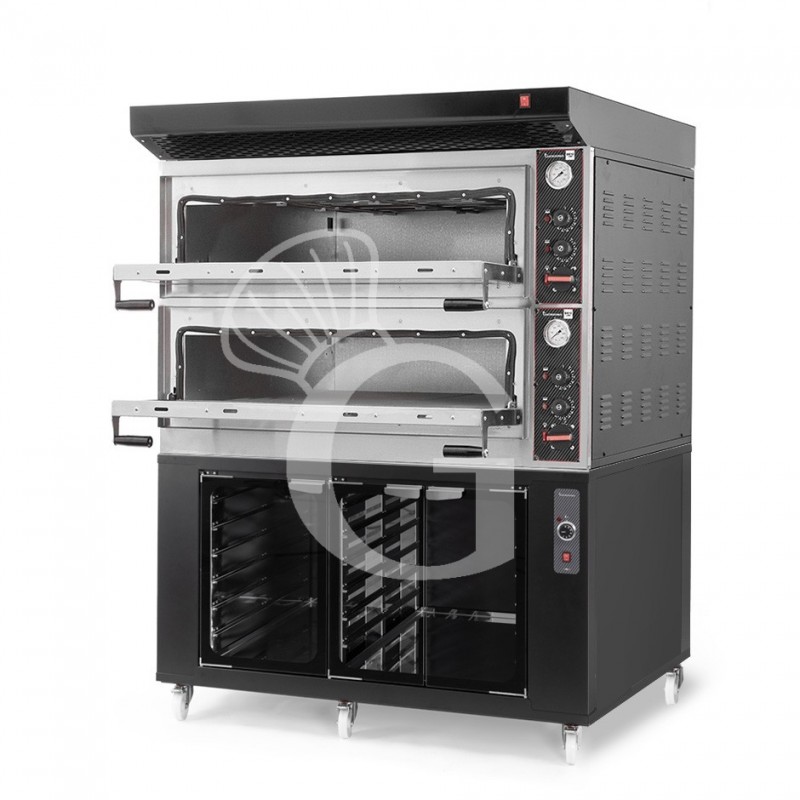 Forno Elettrico meccanico porta vetro 8 teglie 600x400 o 6+6 pizze Ø 400mm completo di cappa nera e cella di lievitazione nera