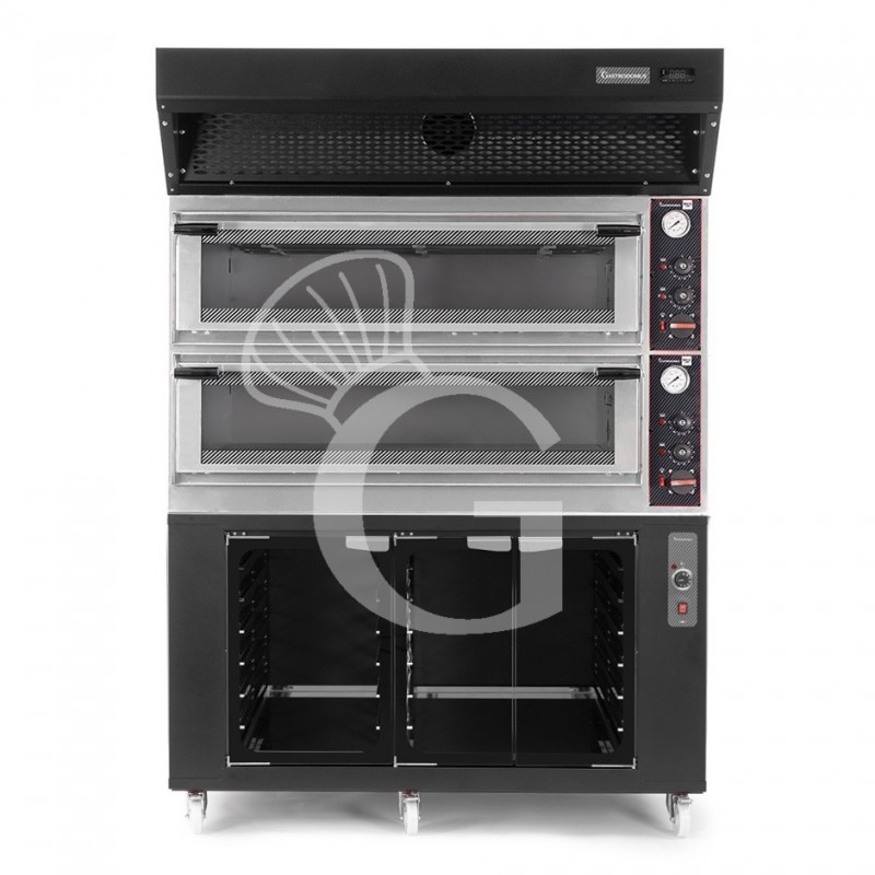 Forno Elettrico meccanico porta vetro 8 teglie 600x400 o 6+6 pizze Ø400mm,cappa a condensazione nera,cella di lievitazione nera