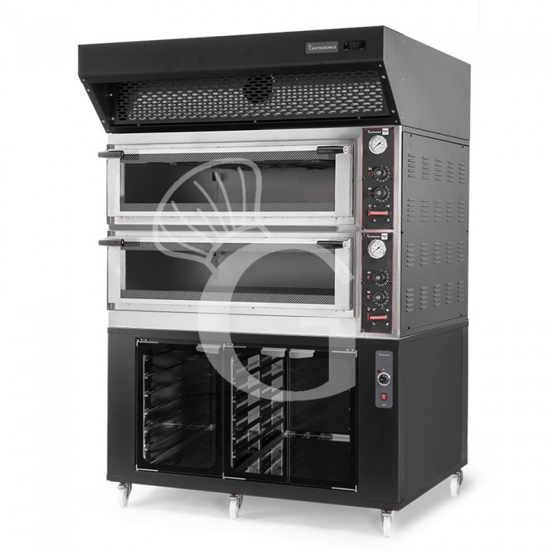 Forno Elettrico meccanico porta vetro 8 teglie 600x400 o 6+6 pizze Ø400mm,cappa a condensazione nera,cella di lievitazione nera