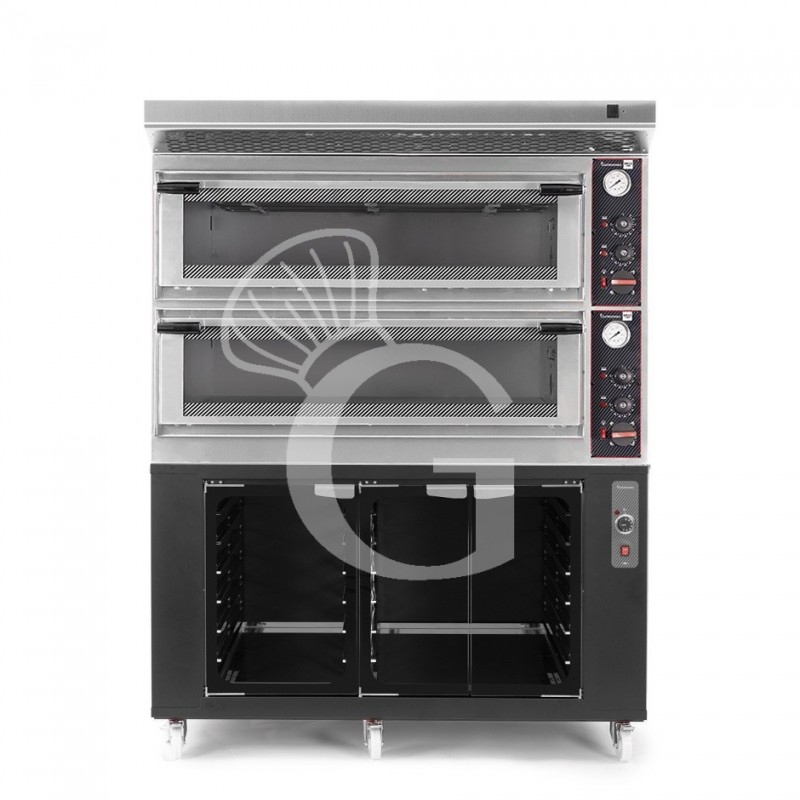 Forno Elettrico meccanico porta vetro 8 teglie 600x400 o 6+6 pizze Ø 400mm completo di cappa inox e cella di lievitazione nera