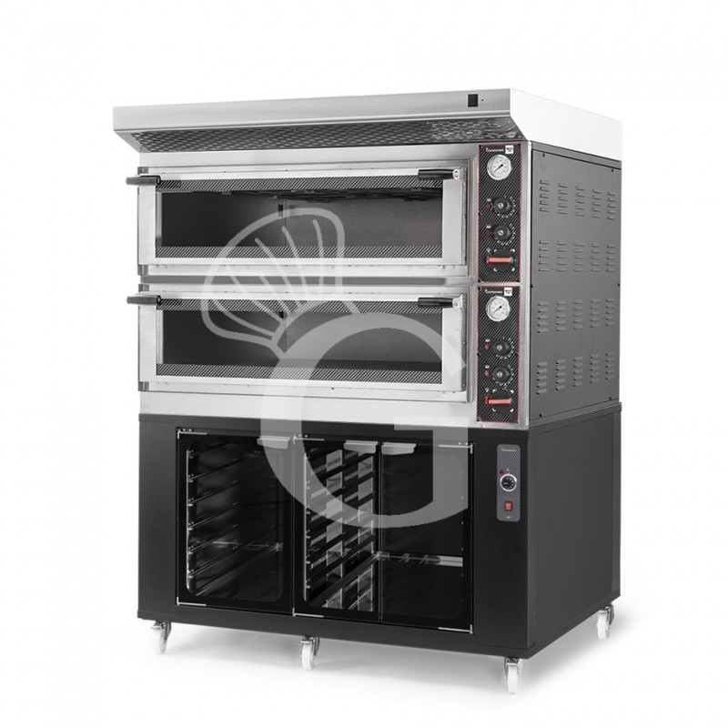 Forno Elettrico meccanico porta vetro 8 teglie 600x400 o 6+6 pizze Ø 400mm completo di cappa inox e cella di lievitazione nera
