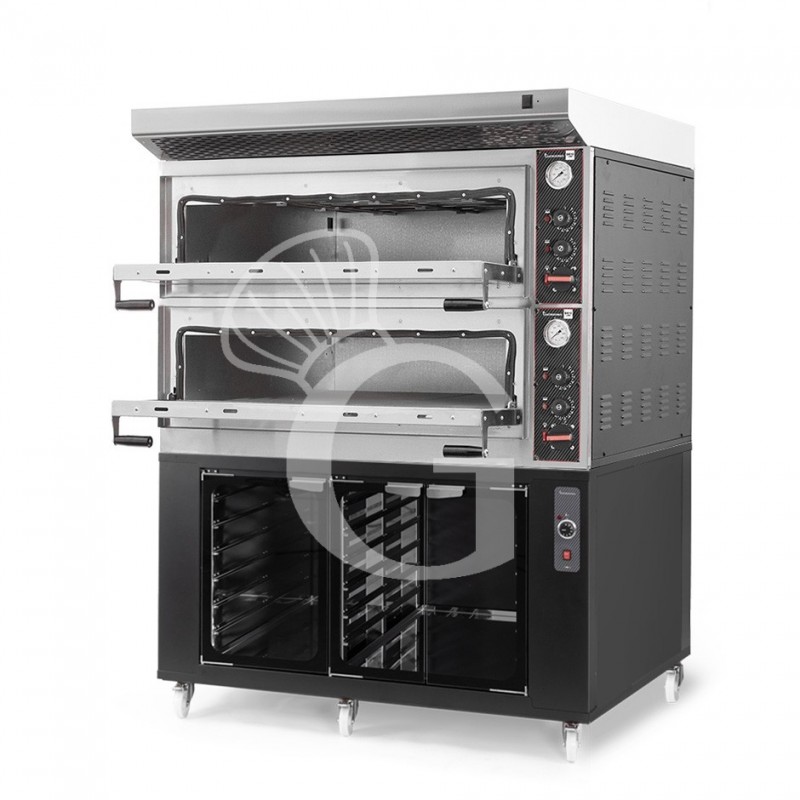 Forno Elettrico meccanico porta vetro 8 teglie 600x400 o 6+6 pizze Ø 400mm completo di cappa inox e cella di lievitazione nera