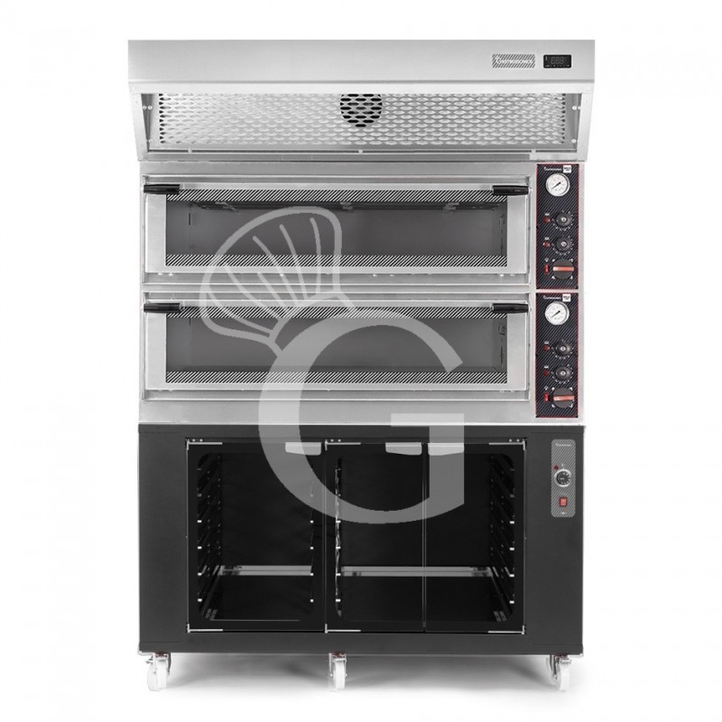 Forno Elettrico meccanico porta vetro 8 teglie 600x400 o 6+6 pizze Ø400mm,cappa a condensazione inox,cella di lievitazione nera