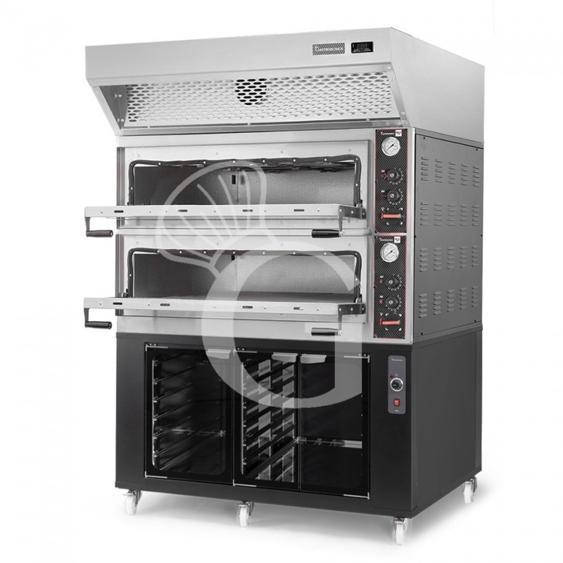 Forno Elettrico meccanico porta vetro 8 teglie 600x400 o 6+6 pizze Ø400mm,cappa a condensazione inox,cella di lievitazione nera