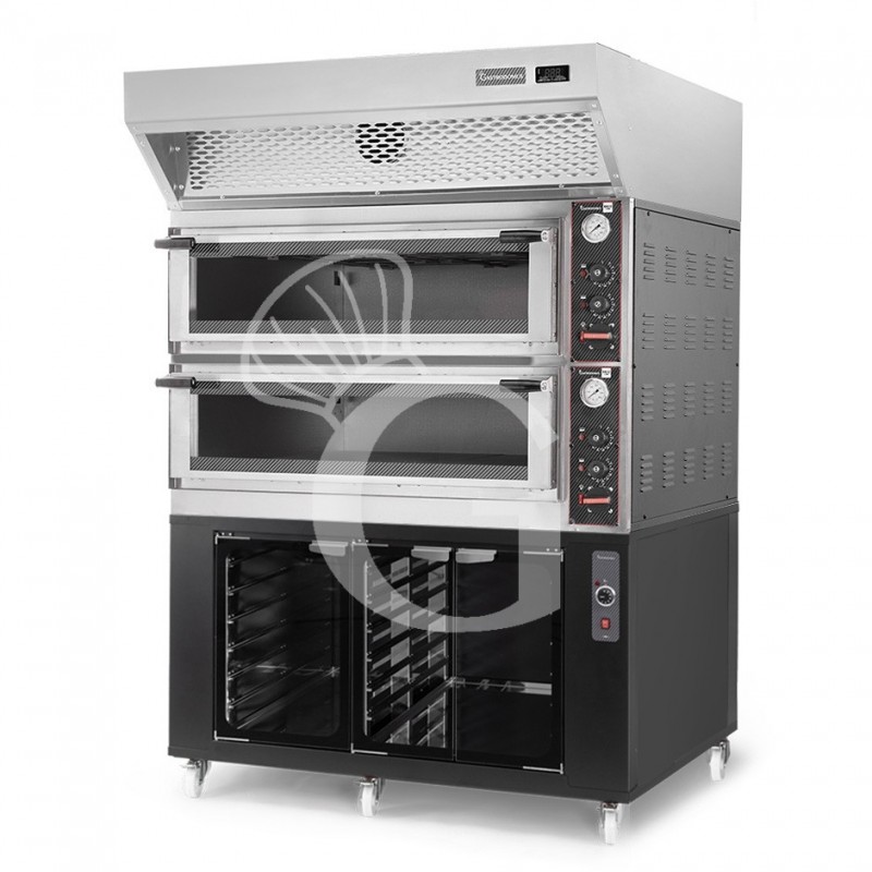 Forno Elettrico meccanico porta vetro 8 teglie 600x400 o 6+6 pizze Ø400mm,cappa a condensazione inox,cella di lievitazione nera