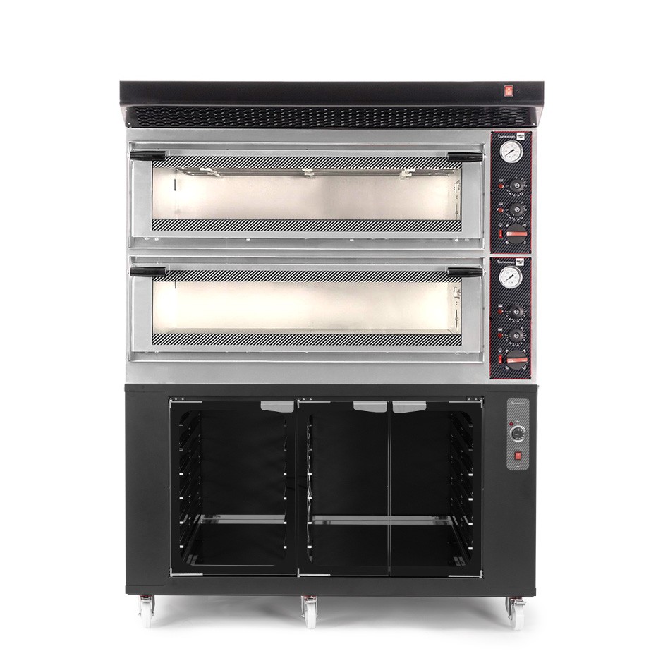 Forno Elettrico meccanico porta vetro 8 teglie 600x400 o 6+6 pizze Ø 400mm completo di cappa nera e cella di lievitazione nera