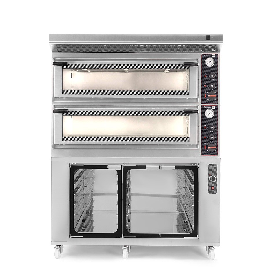 Forno Elettrico meccanico porta vetro 8 teglie 600x400 o 6+6 pizze Ø 400mm completo di cappa inox e cella di lievitazione inox