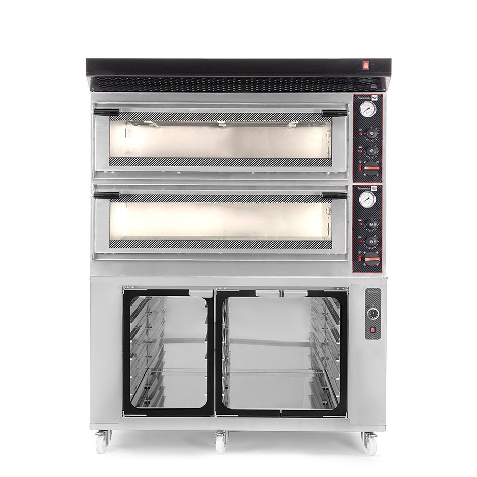 Forno Elettrico meccanico porta vetro 8 teglie 600x400 o 6+6 pizze Ø 400mm completo di cappa nera e cella di lievitazione inox