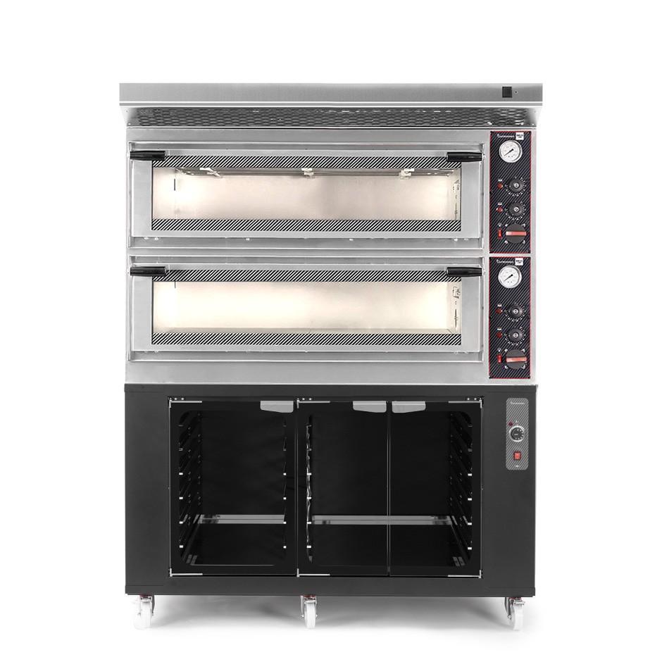 Forno Elettrico meccanico porta vetro 8 teglie 600x400 o 6+6 pizze Ø 400mm completo di cappa inox e cella di lievitazione nera