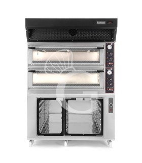 Forno Elettrico meccanico porta vetro 8 teglie 600x400 o 6+6 pizze Ø400mm,cappa a condensazione nera,cella di lievitazione inox