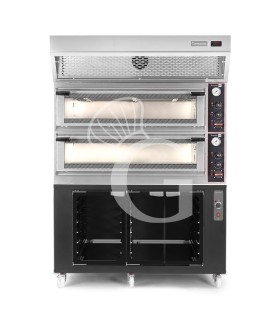 Forno Elettrico meccanico porta vetro 8 teglie 600x400 o 6+6 pizze Ø400mm,cappa a condensazione inox,cella di lievitazione nera