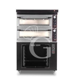 Forno Elettrico meccanico porta vetro 4 teglie 600x400 o 4+4 pizze Ø 400mm completo di cappa nera e cella di lievitazione nera