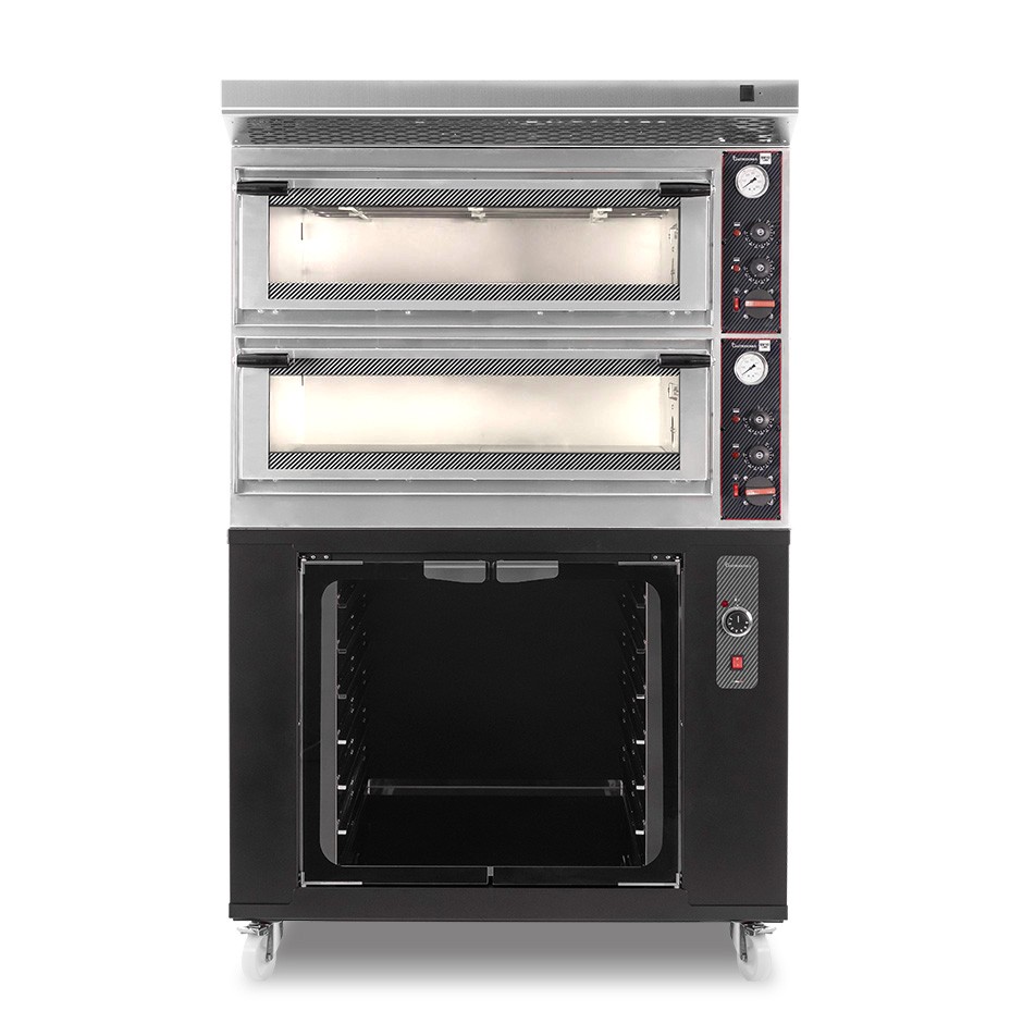 Forno Elettrico meccanico porta vetro 4 teglie 600x400 o 4+4 pizze Ø 400mm completo di cappa inox e cella di lievitazione nera