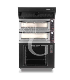 Forno Elettrico meccanico porta vetro 4 teglie 600x400 o 4+4 pizze Ø400mm,cappa a condensazione nera, cella di lievitazione nera