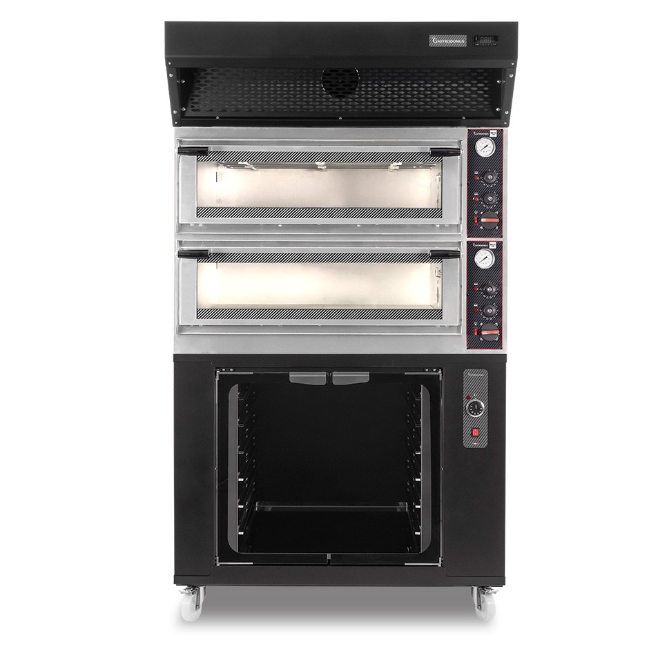 Forno Elettrico meccanico porta vetro 4 teglie 600x400 o 4+4 pizze Ø400mm,cappa a condensazione nera, cella di lievitazione nera