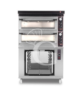 Forno Elettrico meccanico porta vetro 4 teglie 600x400 o 4+4 pizze Ø400mm,cappa aspirazione nera e cella di lievitazione inox
