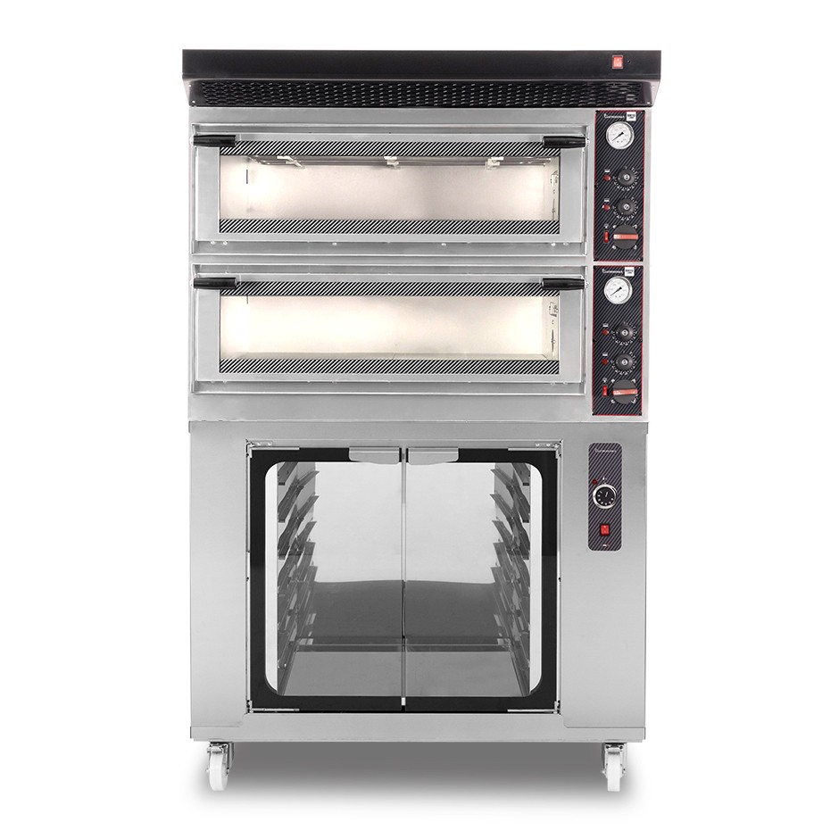 Forno Elettrico meccanico porta vetro 4 teglie 600x400 o 4+4 pizze Ø400mm,cappa aspirazione nera e cella di lievitazione inox