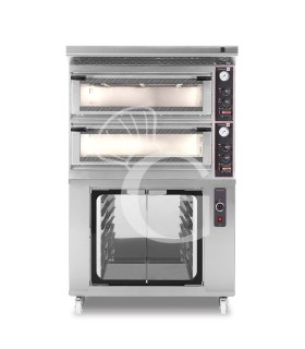 Forno Elettrico meccanico porta vetro 4 teglie 600x400 o 4+4 pizze Ø400mm,cappa aspirazione inox e cella di lievitazione inox
