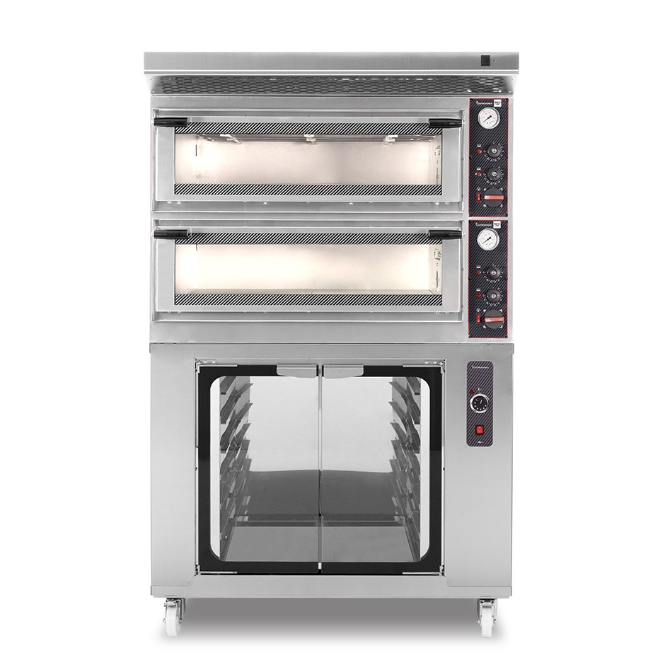 Forno Elettrico meccanico porta vetro 4 teglie 600x400 o 4+4 pizze Ø400mm,cappa aspirazione inox e cella di lievitazione inox