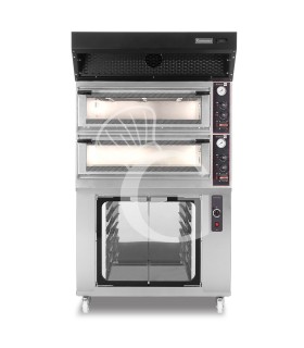 Forno Elettrico meccanico porta vetro 4 teglie 600x400 o 4+4 pizze Ø400mm,cappa a condensazione nera,cella di lievitazione inox