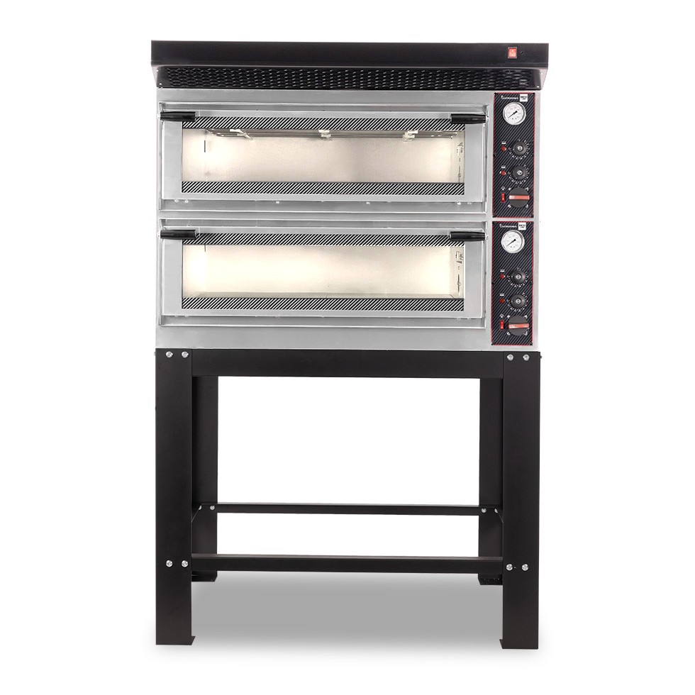 Forno Elettrico meccanico porta vetro 4 teglie 600x400 o 4+4 pizze Ø400mm, cappa nera e supporto