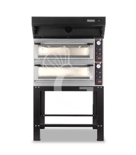 Forno Elettrico meccanico porta vetro 4 teglie 600x400 o 4+4 pizze Ø400mm, cappa a condensazione nera e supporto