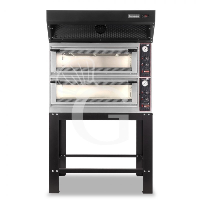 Forno Elettrico meccanico porta vetro 4 teglie 600x400 o 4+4 pizze Ø400mm, cappa a condensazione nera e supporto Forno Elettrico meccanico porta vetro 4 teglie 600x400 o 4+4 pizze Ø400mm, cappa a condensazione nera e supporto