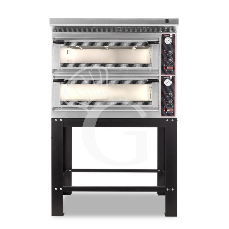 Forno Elettrico meccanico porta vetro 8 teglie 600x400 o 6+6 pizza Ø400 mm completo di cappa inox e supporto