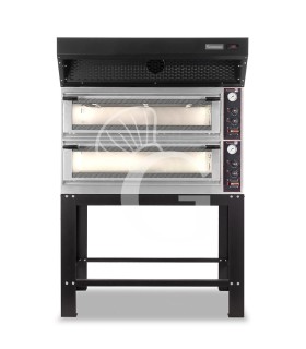 Forno Elettrico meccanico porta vetro 8 teglie 600x400 o 6+6 pizza Ø400mm, cappa a condensazione nera e supporto
