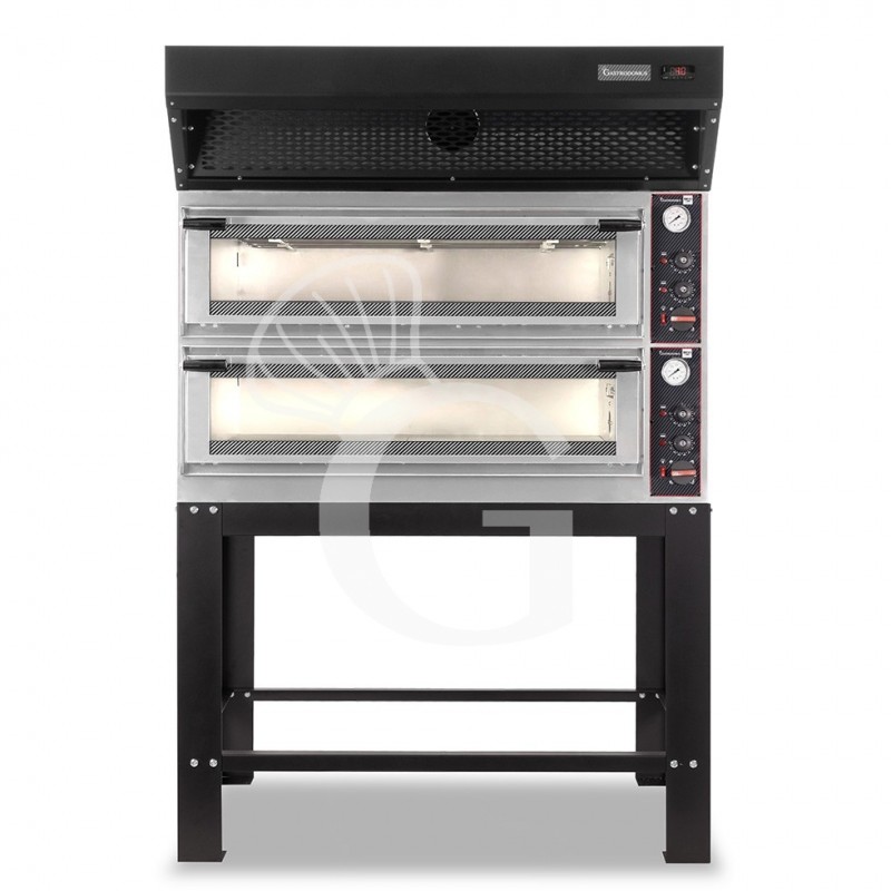 Forno Elettrico meccanico porta vetro 8 teglie 600x400 o 6+6 pizza Ø400mm, cappa a condensazione nera e supporto