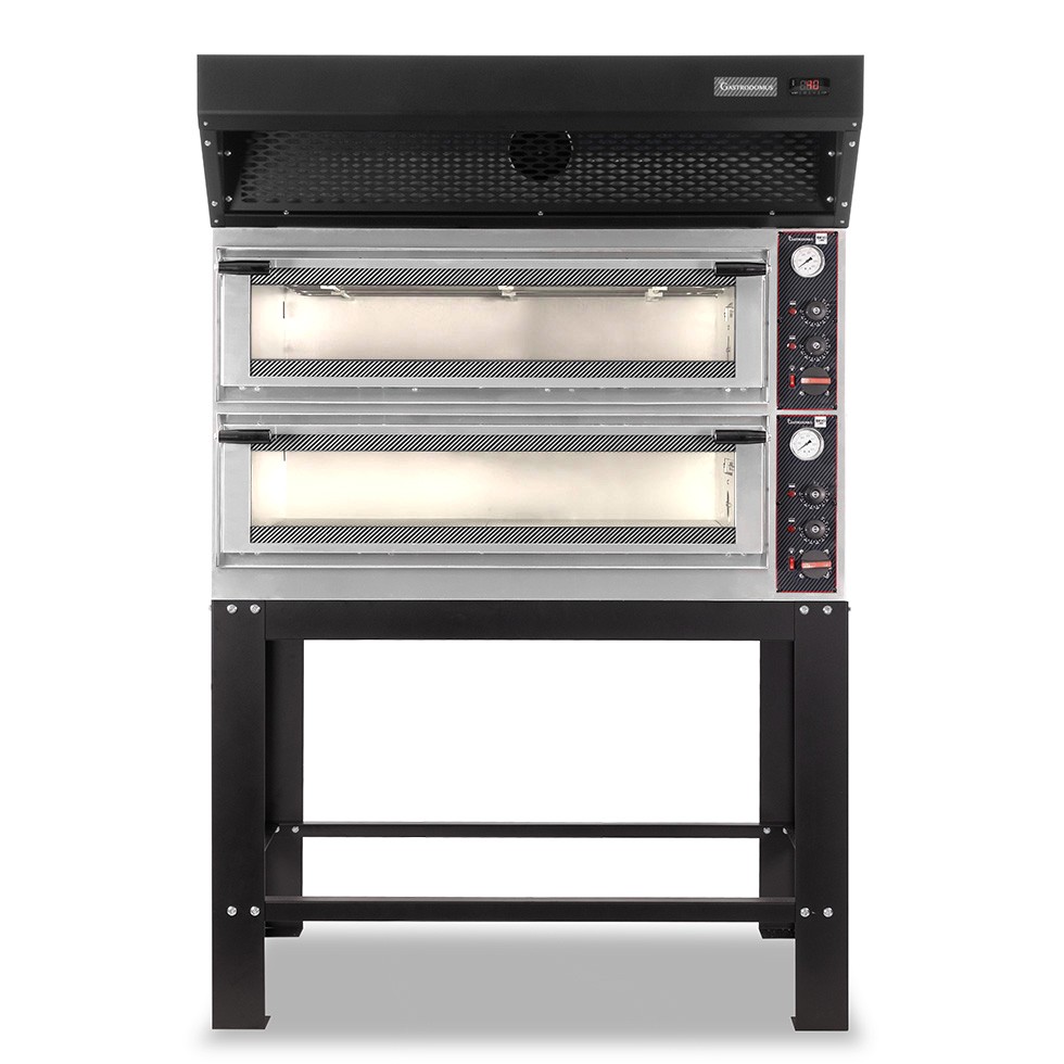 Forno Elettrico meccanico porta vetro 8 teglie 600x400 o 6+6 pizza Ø400mm, cappa a condensazione nera e supporto