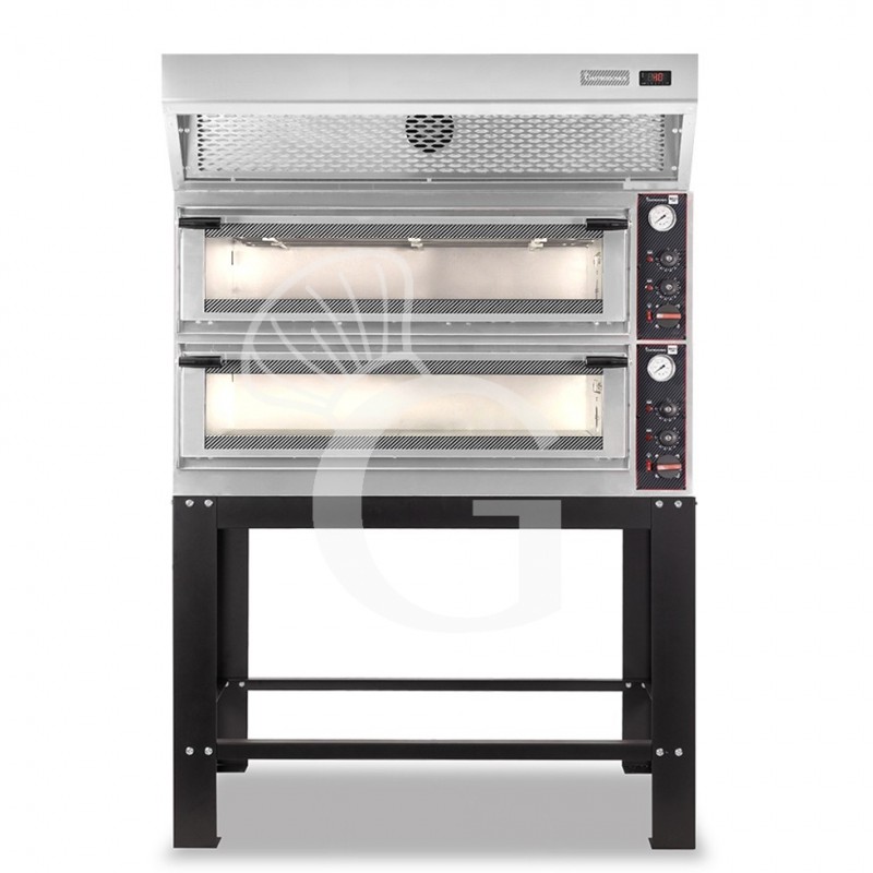 Forno Elettrico meccanico porta vetro 8 teglie 600x400 o 6+6 pizze Ø400mm, cappa a condensazione inox e supporto