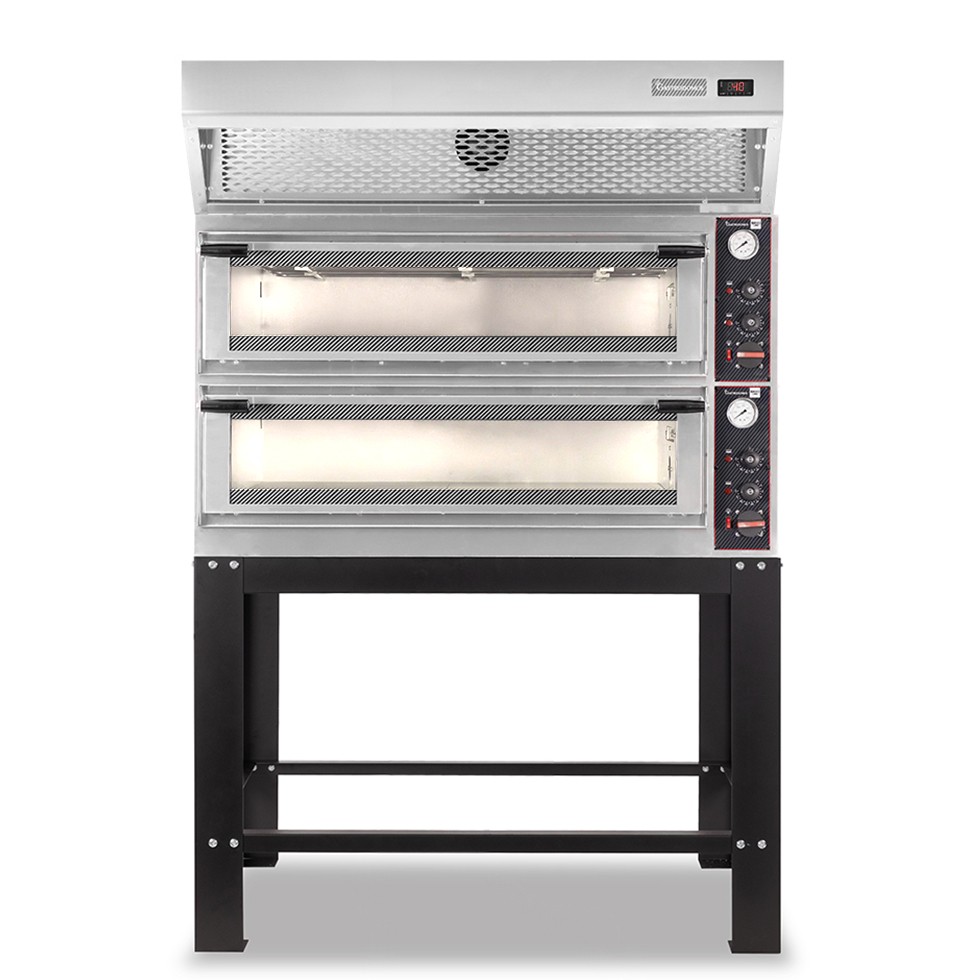 Forno Elettrico meccanico porta vetro 8 teglie 600x400 o 6+6 pizze Ø400mm, cappa a condensazione inox e supporto