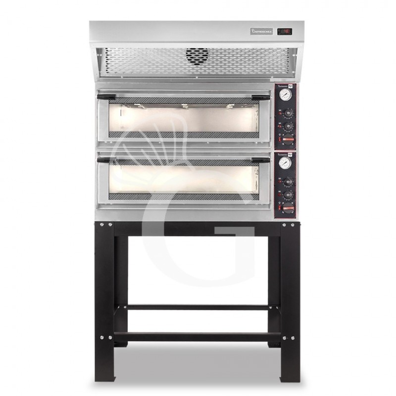 Forno Elettrico meccanico porta vetro 4 teglie 600x400 o 4+4 pizze Ø400mm, cappa a condensazione inox e supporto Forno Elettrico meccanico porta vetro 4 teglie 600x400 o 4+4 pizze Ø400mm, cappa a condensazione inox e supporto
