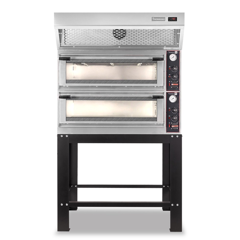 Forno Elettrico meccanico porta vetro 4 teglie 600x400 o 4+4 pizze Ø400mm, cappa a condensazione inox e supporto