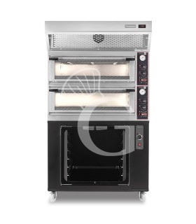 Forno Elettrico meccanico porta vetro 4 teglie 600x400 o 4+4 pizze Ø400mm,cappa a condensazione inox,cella di lievitazione nera
