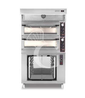 Forno Elettrico meccanico porta vetro 4 teglie 600x400 o 4+4 pizze Ø400mm,cappa a condensazione e cella di lievitazione inox