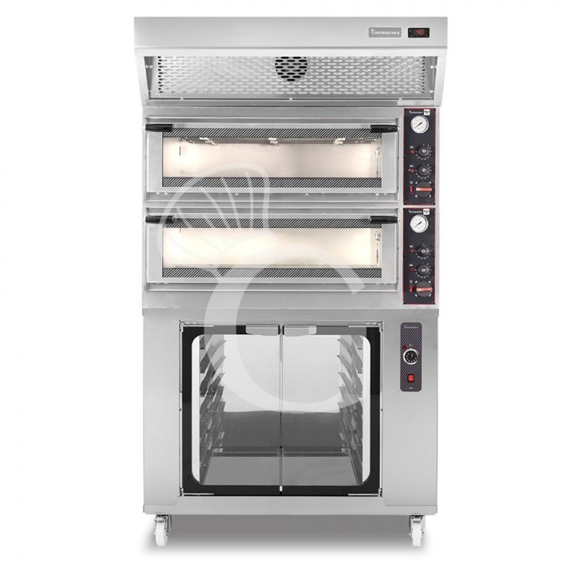 Forno Elettrico meccanico porta vetro 4 teglie 600x400 o 4+4 pizze Ø400mm,cappa a condensazione e cella di lievitazione inox Forno Elettrico meccanico porta vetro 4 teglie 600x400 o 4+4 pizze Ø400mm,cappa a condensazione e cella di lievitazione inox