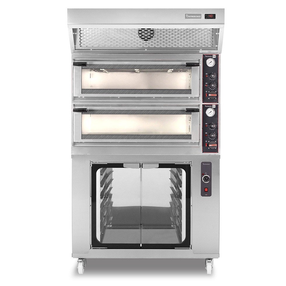 Forno Elettrico meccanico porta vetro 4 teglie 600x400 o 4+4 pizze Ø400mm,cappa a condensazione e cella di lievitazione inox