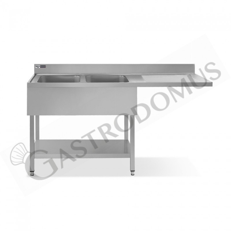 Lavello con vano lavastoviglie,gocciolatoio a destra,2 vasche,L2000xP600xH965mm - con foro rubinetto Ø 32 mm Lavello con vano lavastoviglie,gocciolatoio a destra,2 vasche,L2000xP600xH965mm - con foro rubinetto Ø 32 mm