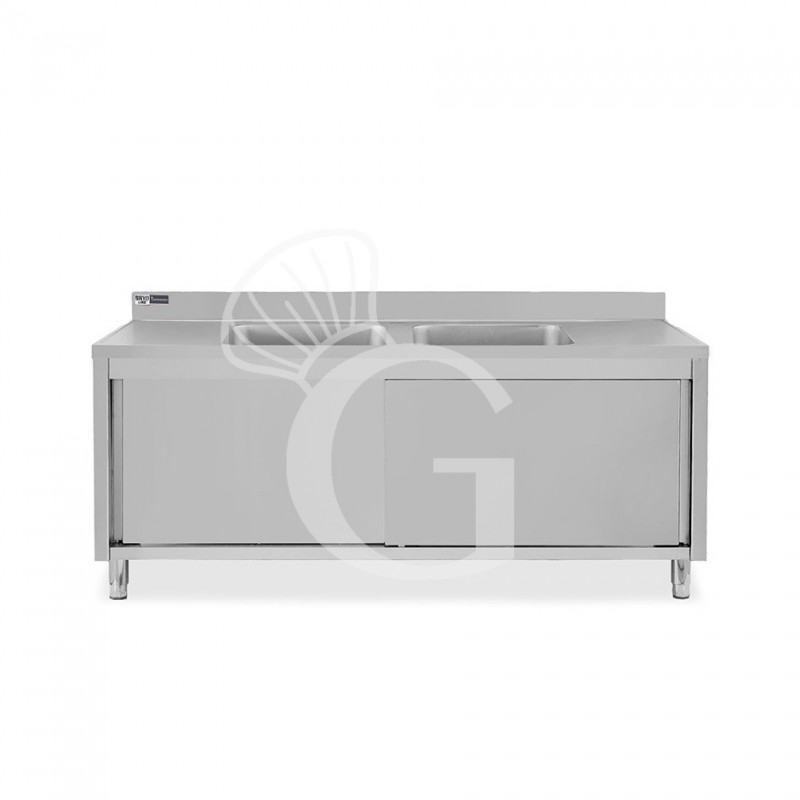 Lavapentole armadiato in acciaio inox,porte scorrevoli,alzatina,2 vasche, L 1800 x P 600 x H 965 mm - con foro rubinetto Ø 32 mm