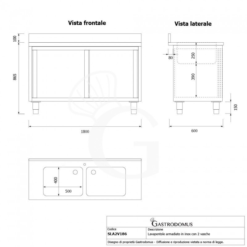 Lavapentole armadiato in inox,porte scorrevoli,alzatina,2 vasche, L 1800 x P 600 x H 965 mm - foro rubinetto Ø 32 mm