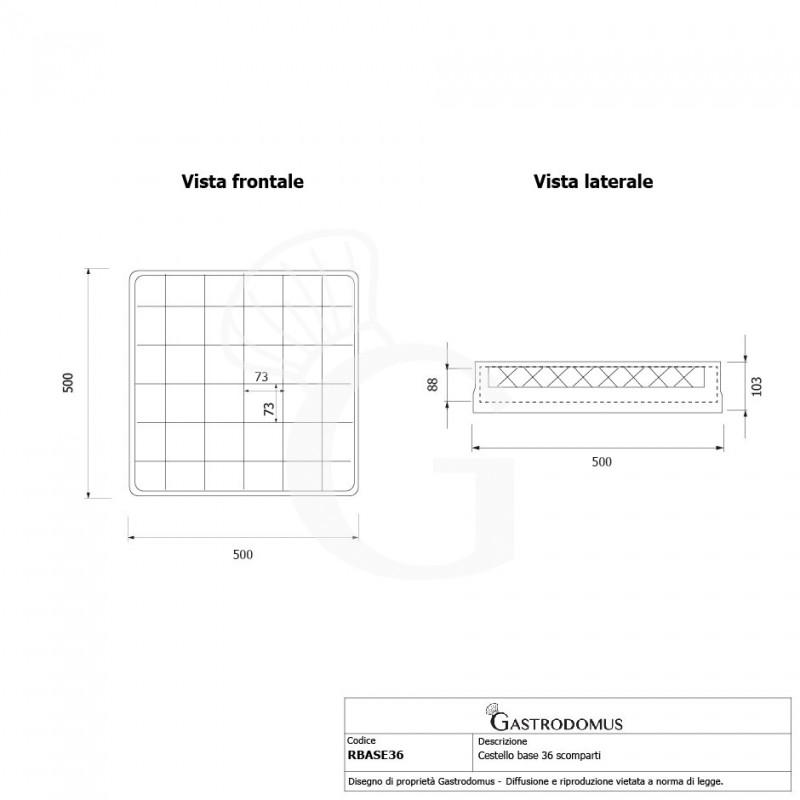 Cestello base 36 scomparti grigio h 103 mm, diametro bicchiere 73 mm