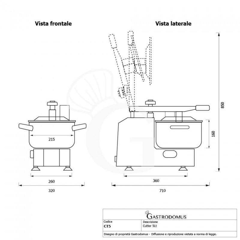 Cutter monofase a 1 velocità, potenza 750 W, 1400 rpm, capacità 5 litri