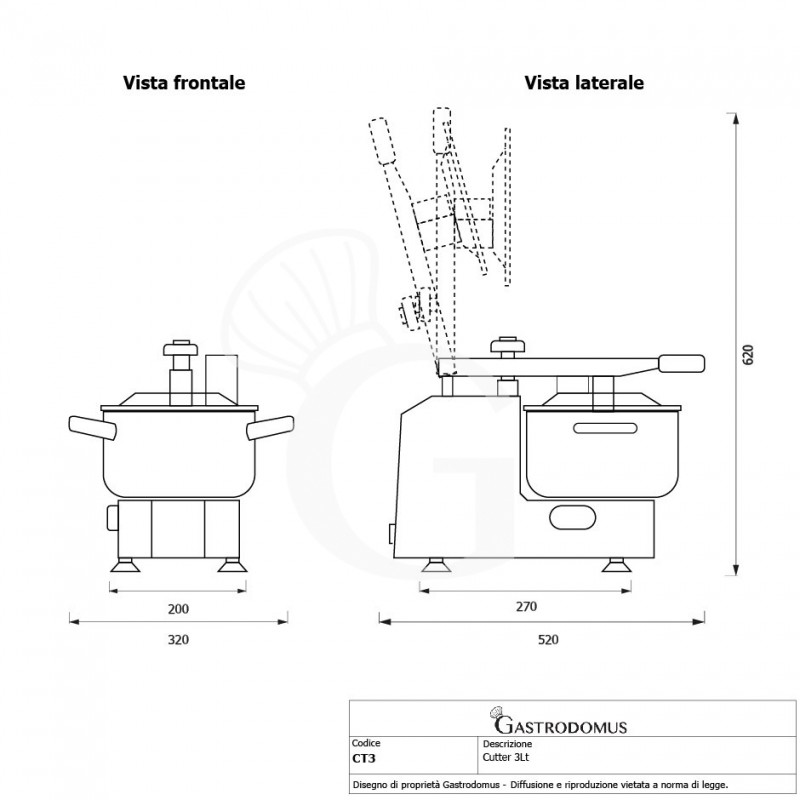 Cutter monofase con 1 velocità - capacità 3 litri e potenza 375 W, 1400 rpm