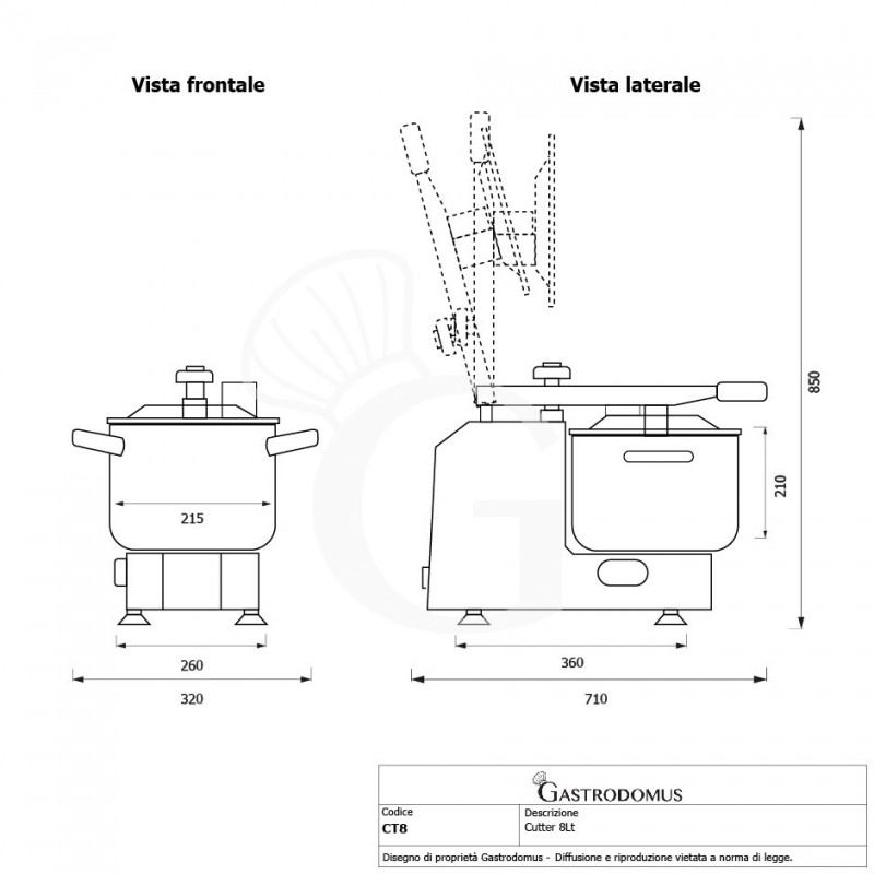 Cutter monofase a 1 velocità,  potenza 750 W, 1400 rpm, capacità 8 litri