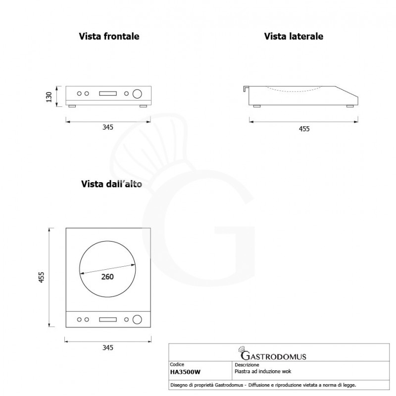 Wok induzione professionale 1 zona di cottura Ø 260 mm, L 345 mm x P 455 mm x H 130 mm 3500 W