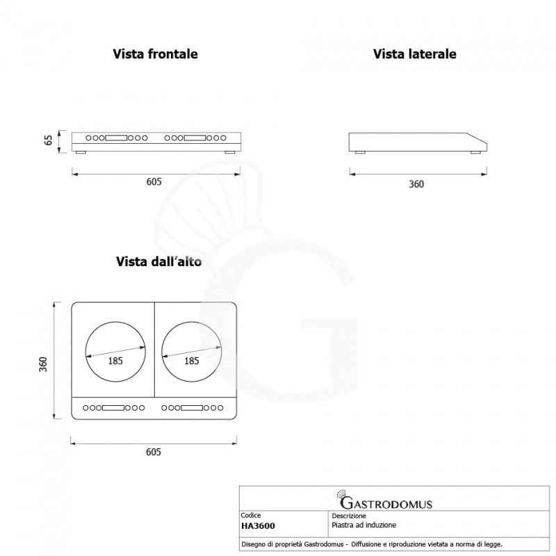 Piastra a induzione 2 zone di cottura Ø 185 mm, L 605 mm x P 360 mm x H 65 mm 1800+1800 W