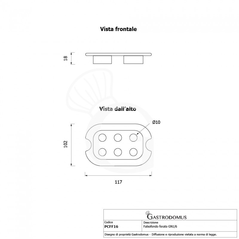 Falso fondo forato in policarbonato GN1/6 dimensioni L 117 mm x P 102 mm
