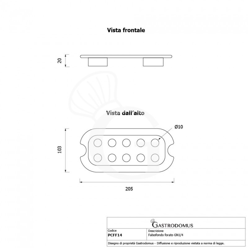 Falso fondo forato in policarbonato GN1/4 dimensioni L 205 mm x P 103 mm